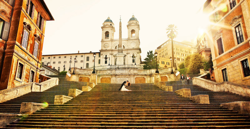 Couple celebrating their wedding in Italy before their honeymoon in an Italian villa