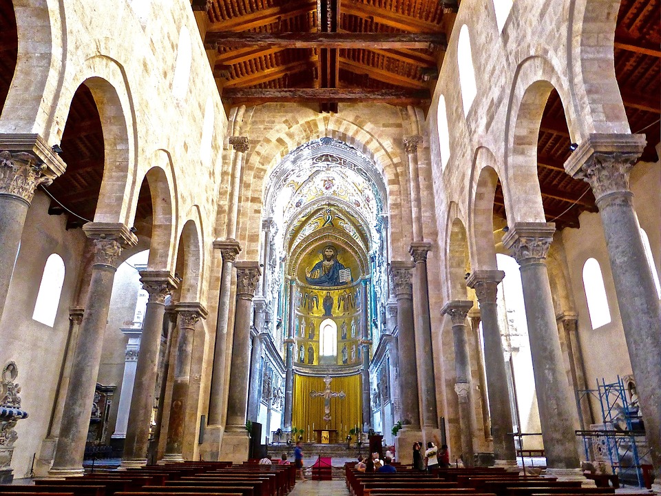 Inside the Duomo in Cefalù, featuring an image of the Christ Pantocrator