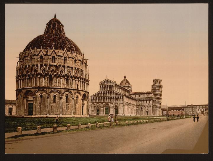 Pisa’s cathedral square in the 19th century near the best hotels in Italy