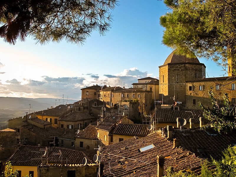 Drone footage of Volterra, close to villas in Tuscany.