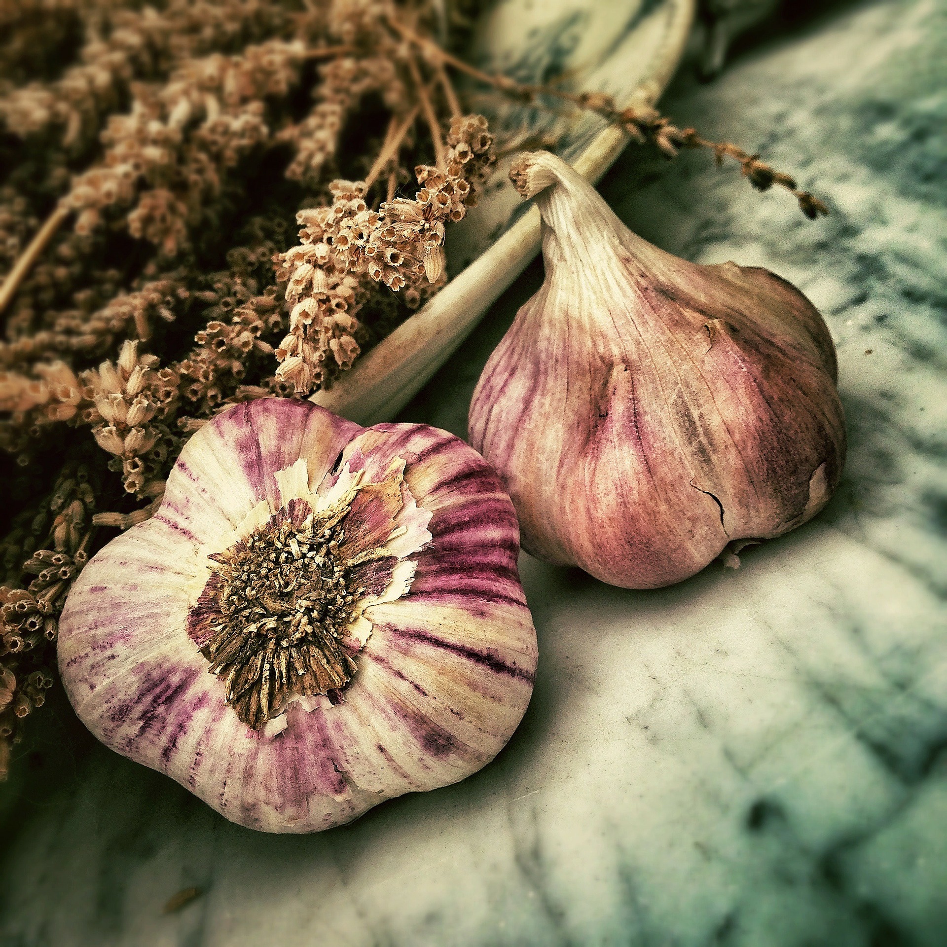 garlic and herbs on a cloth