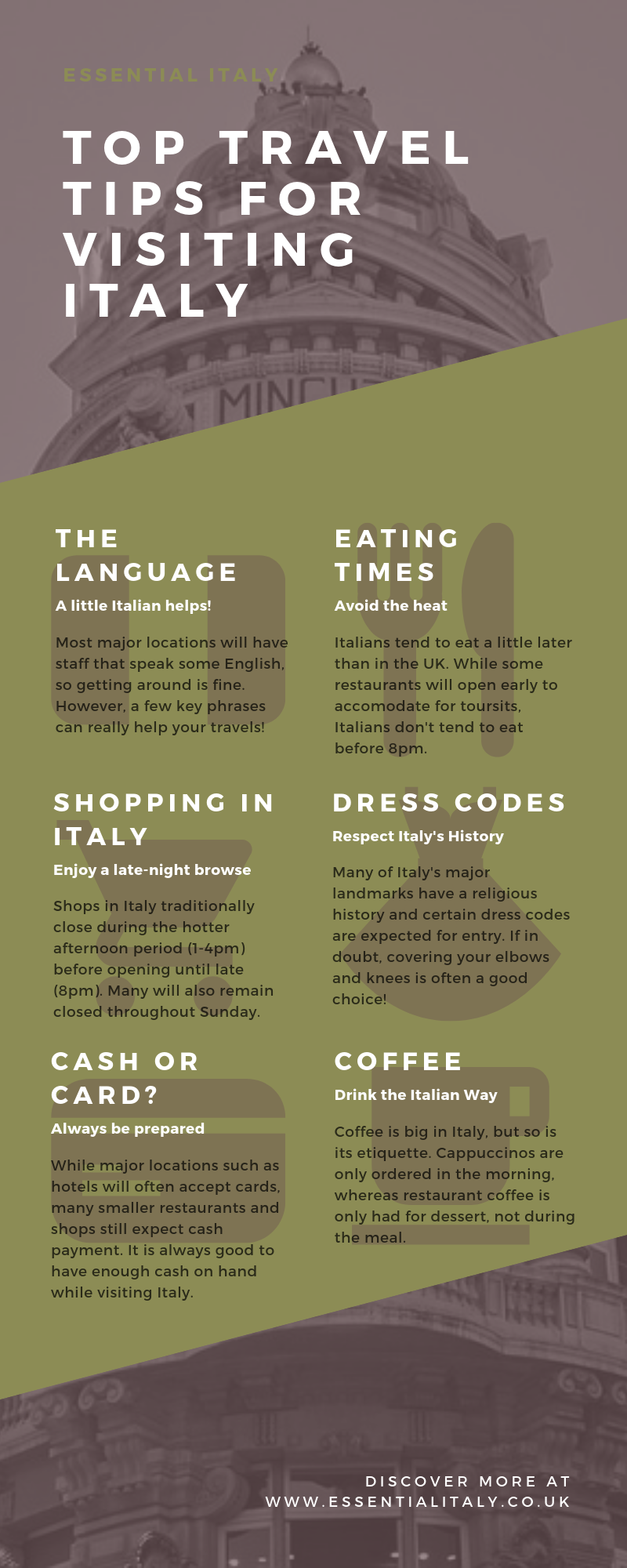 An Essential Italy infographic about the top travel tips for visiting Italy