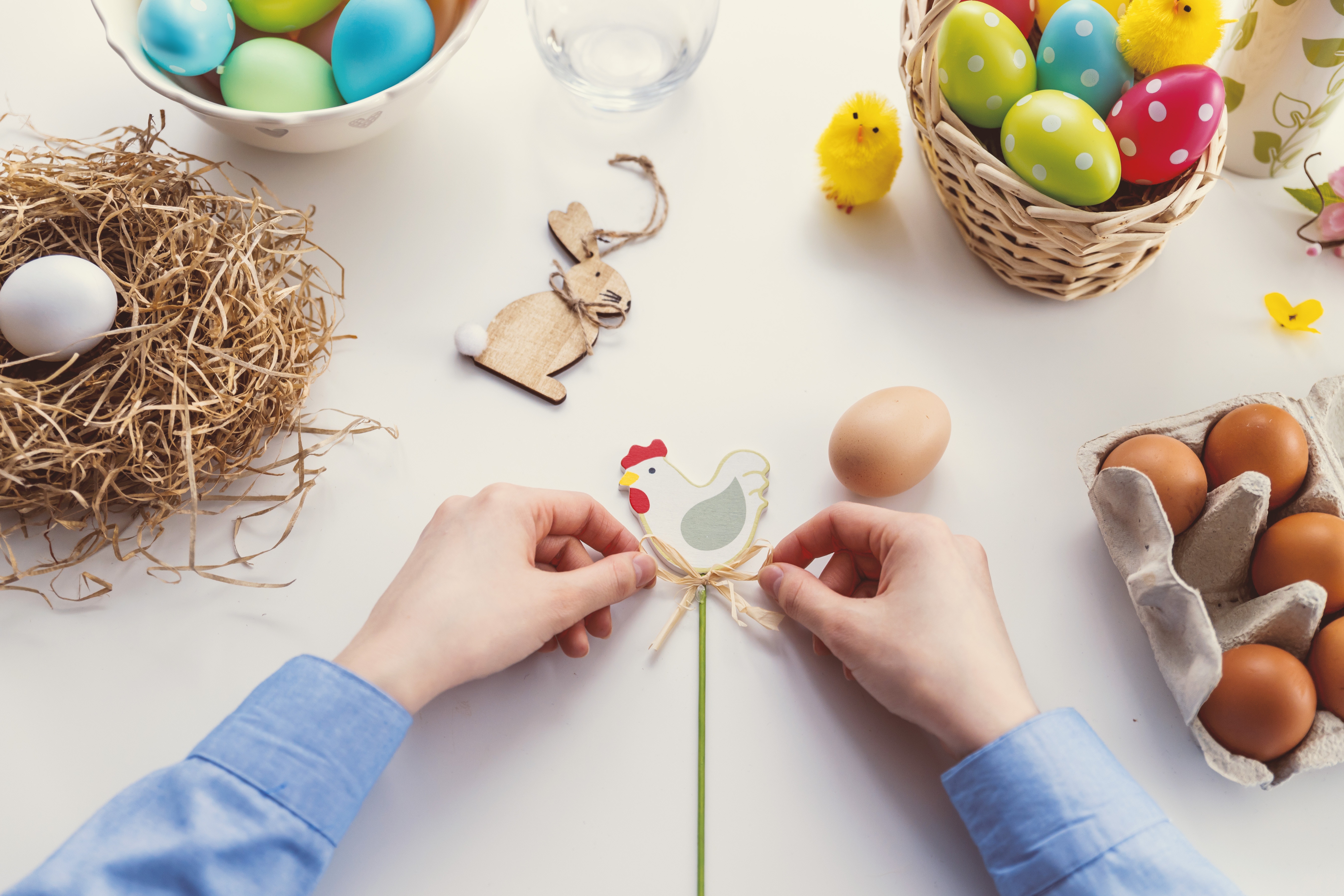 A traditional Easter spread with eggs, rabbits and chickens