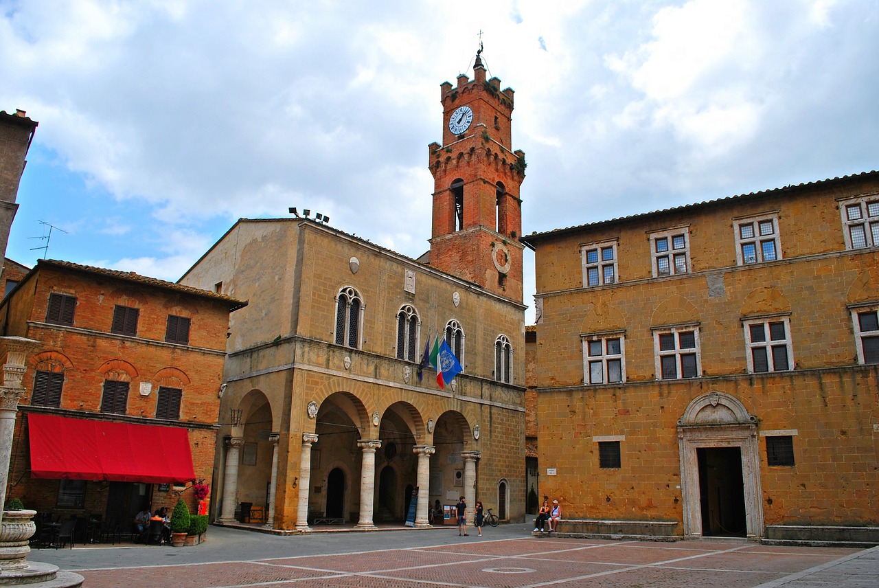 One of Pienza’s many ancient squares with a clock tower in the far corner