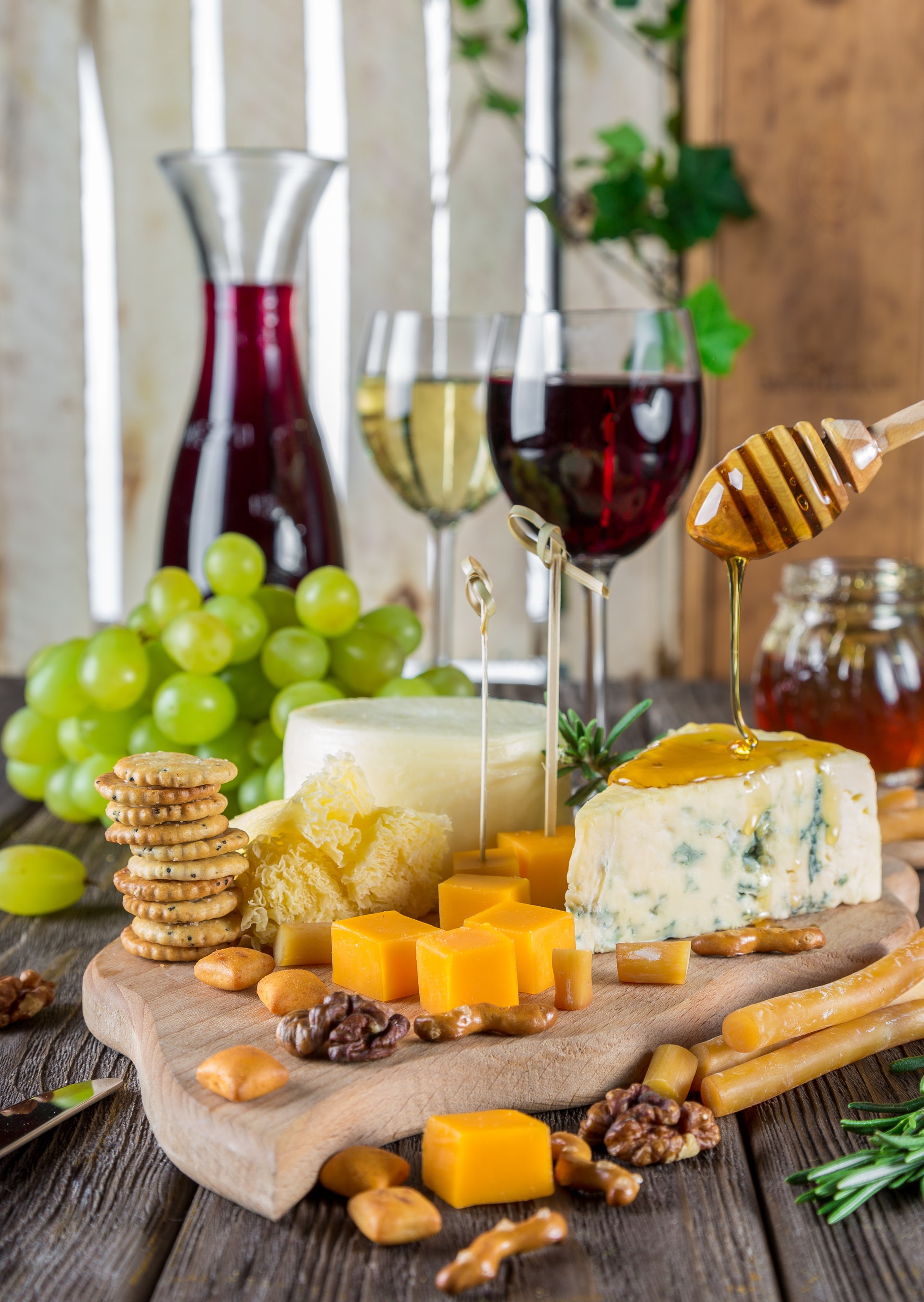 Wine and cheese with honey