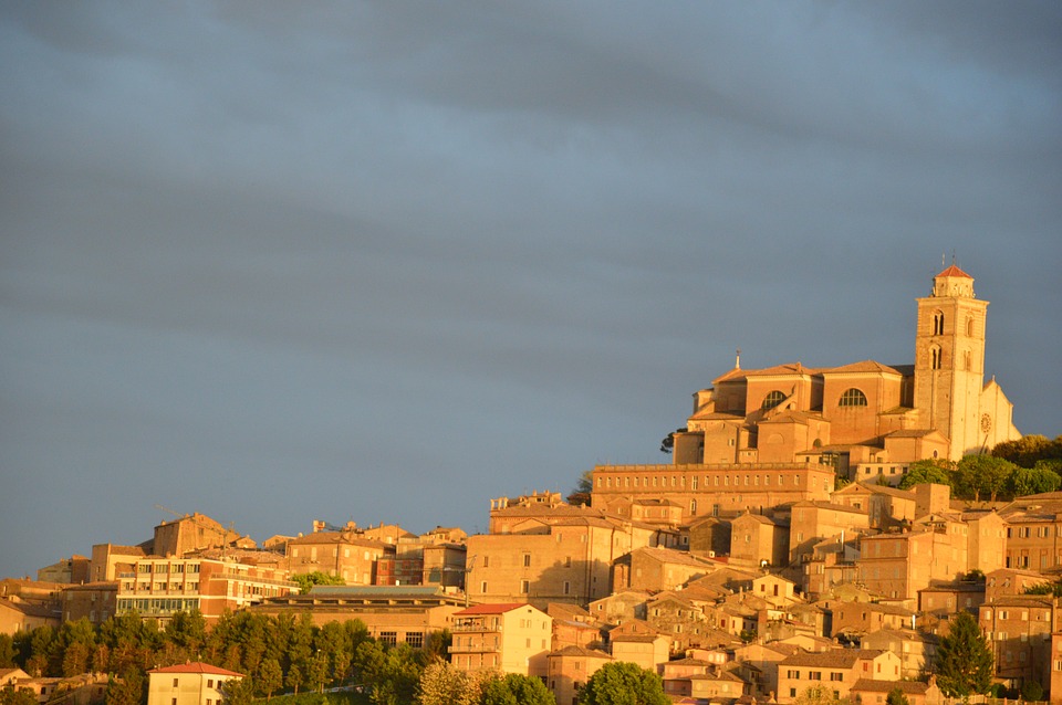 Buildings in the town of Fermo, Italy, during sunset