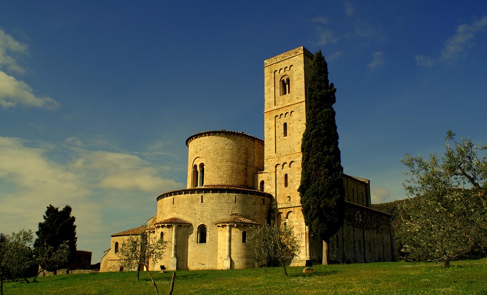 A church on a hilltop in Montalcino, Tuscany at sunrise