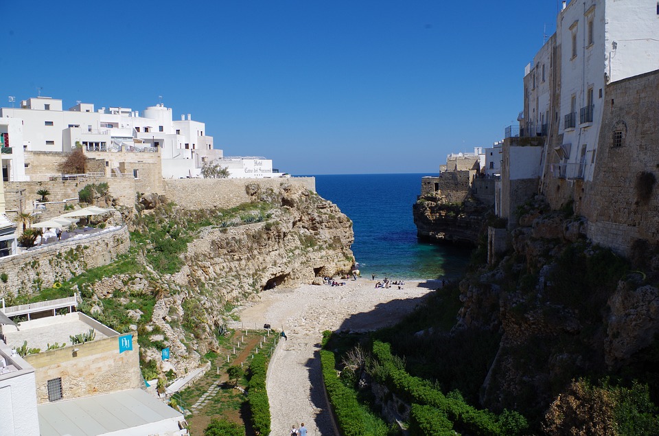 The beach with shadows in Polignano a Mare, Puglia