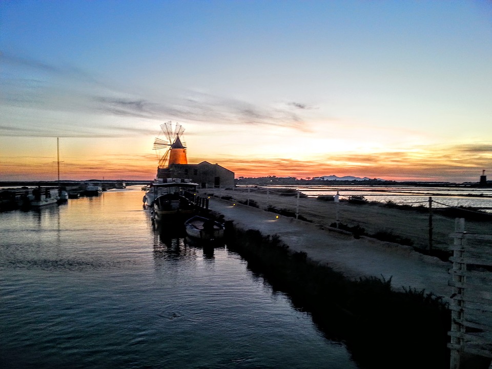 The Marsala salt pans during sunset