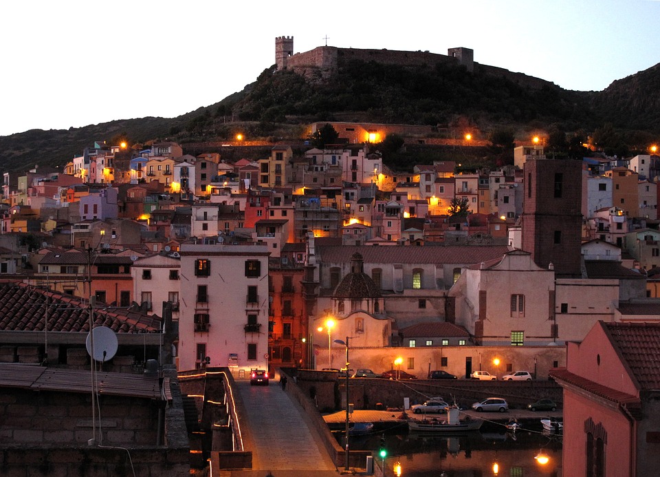 Bosa in Sardinia in the evening with streetlights