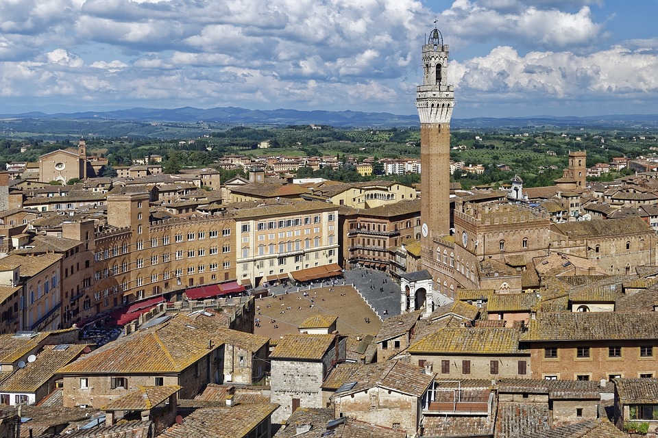 The historic centre of Siena, Tuscany from above