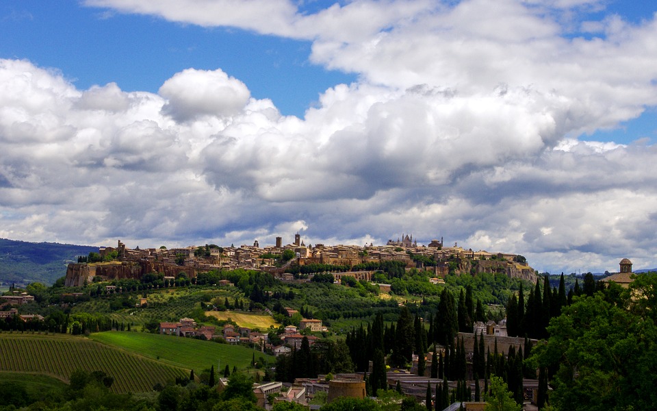 A landscape shot of Orvieto on a hill in Umbria, Italy