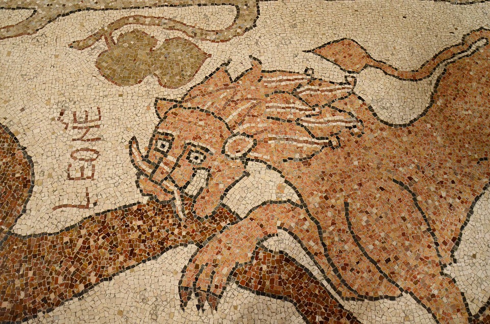 A close up of a dragon mosaic in Otranto, Puglia