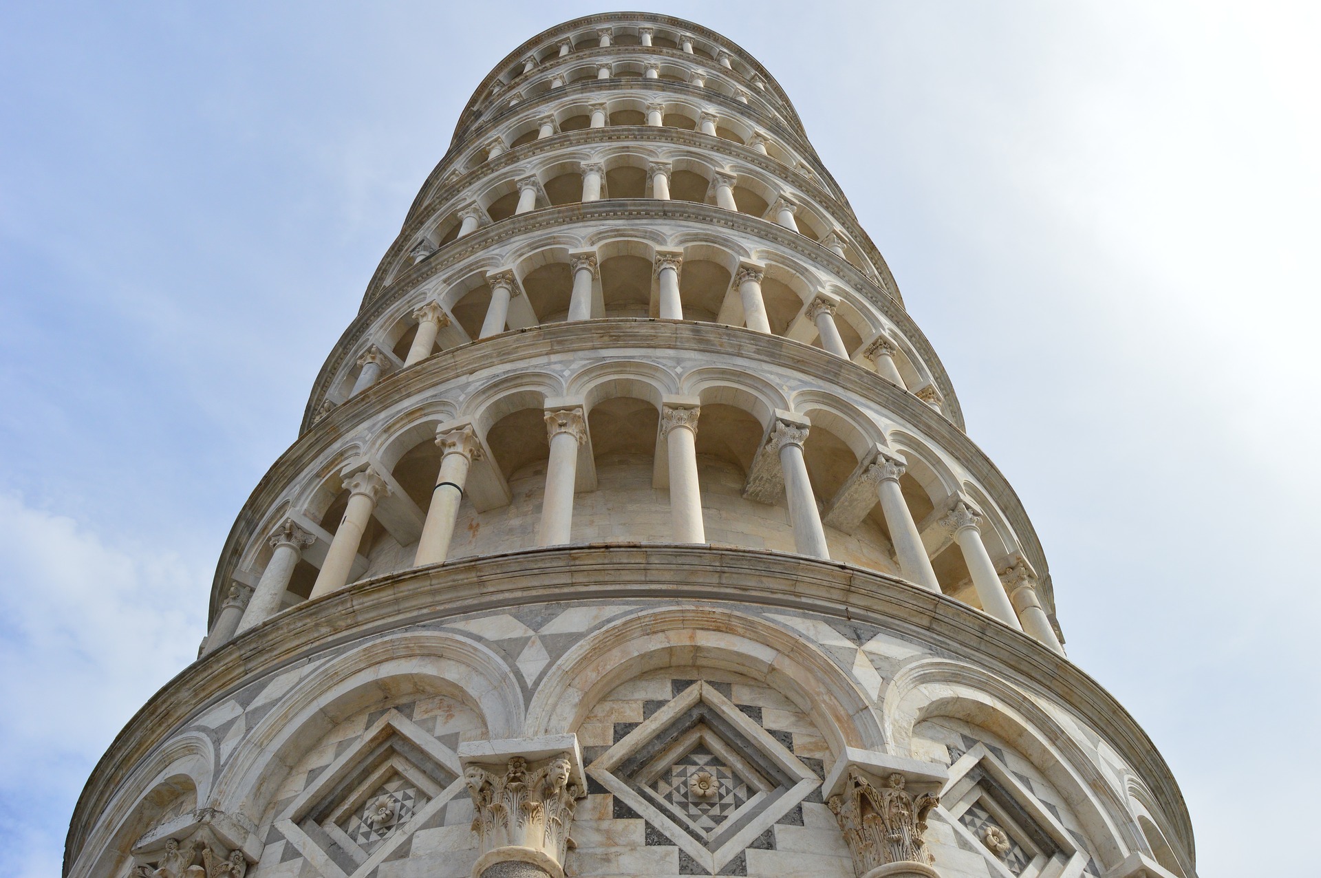 Close up view from the base of the Leaning Tower of Pisa.