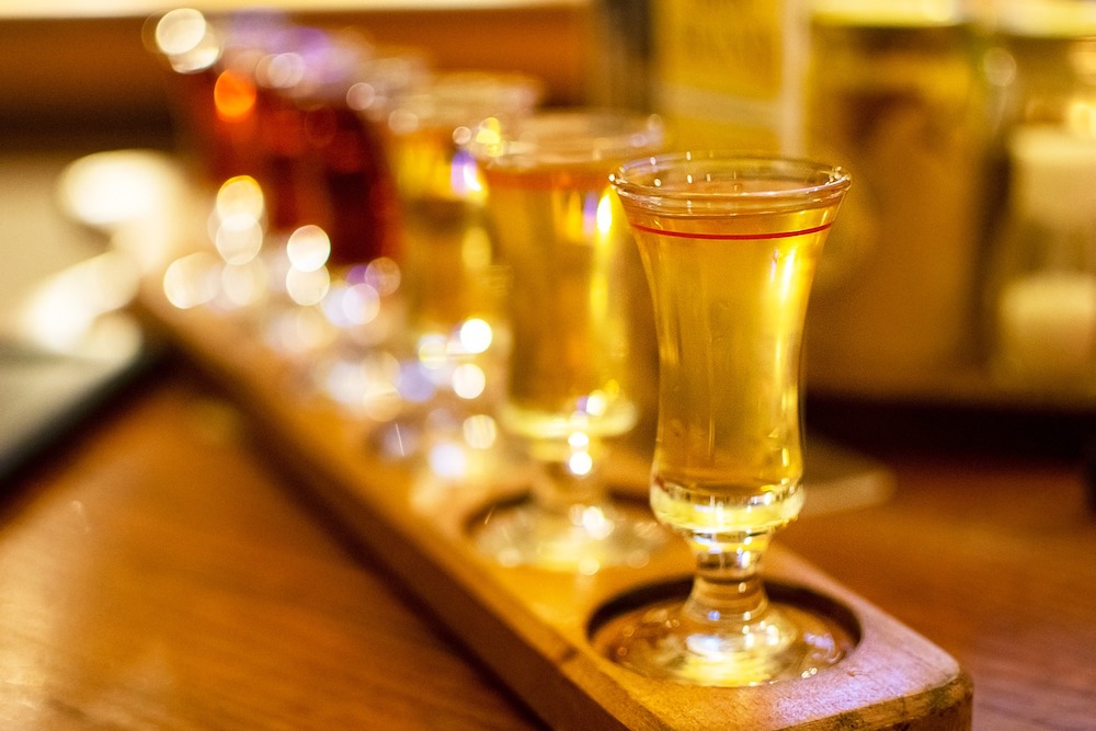 line of liqueurs in glasses 